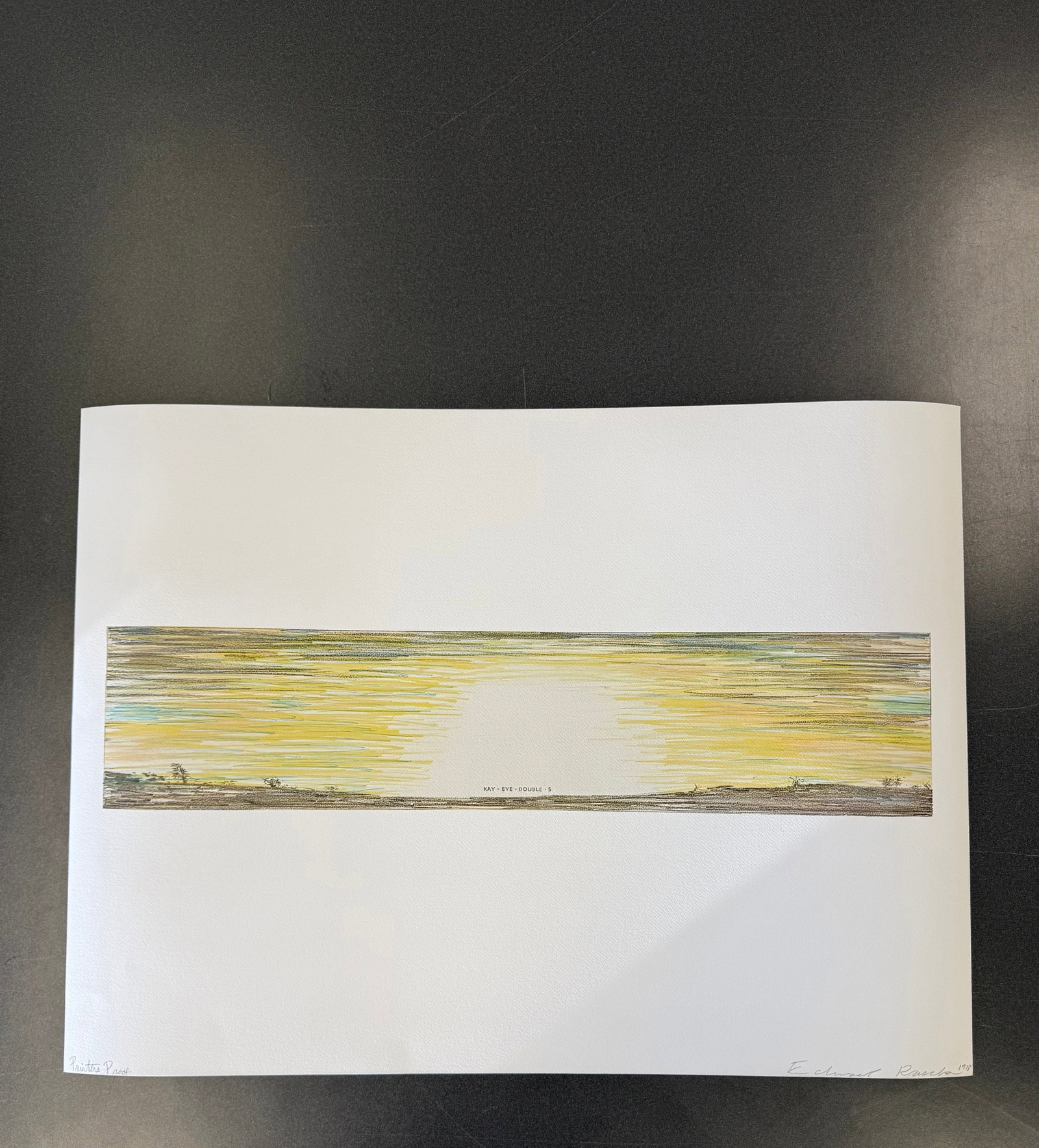 Ed Ruscha "Kay-Eye-Double-S" sold after: after Ed Ruscha "Kay-Eye-Double-S" Lithograph in colors, on Rives BFK paper, with full margins. Measures image 6 x 27 1/4 in. Sheet 22 1/4 x 29 7/8 in. These are part of the estate sale. All lots offe
