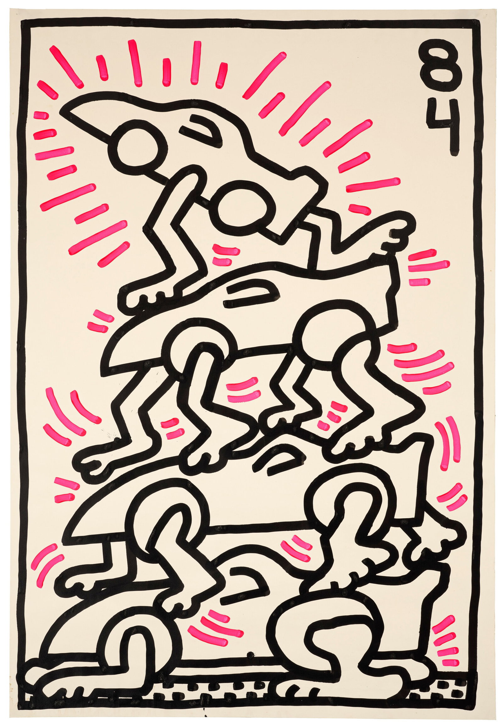 Untitled (Le mans) Keith Haring Print ssold after: Untitled (le Mans), Keith Haring print on wove paper measuries 24x44 inches. Stamped on verso with Estate Stamp. sold after.These are part of the estate sale and we do not have a COA. All lots offered