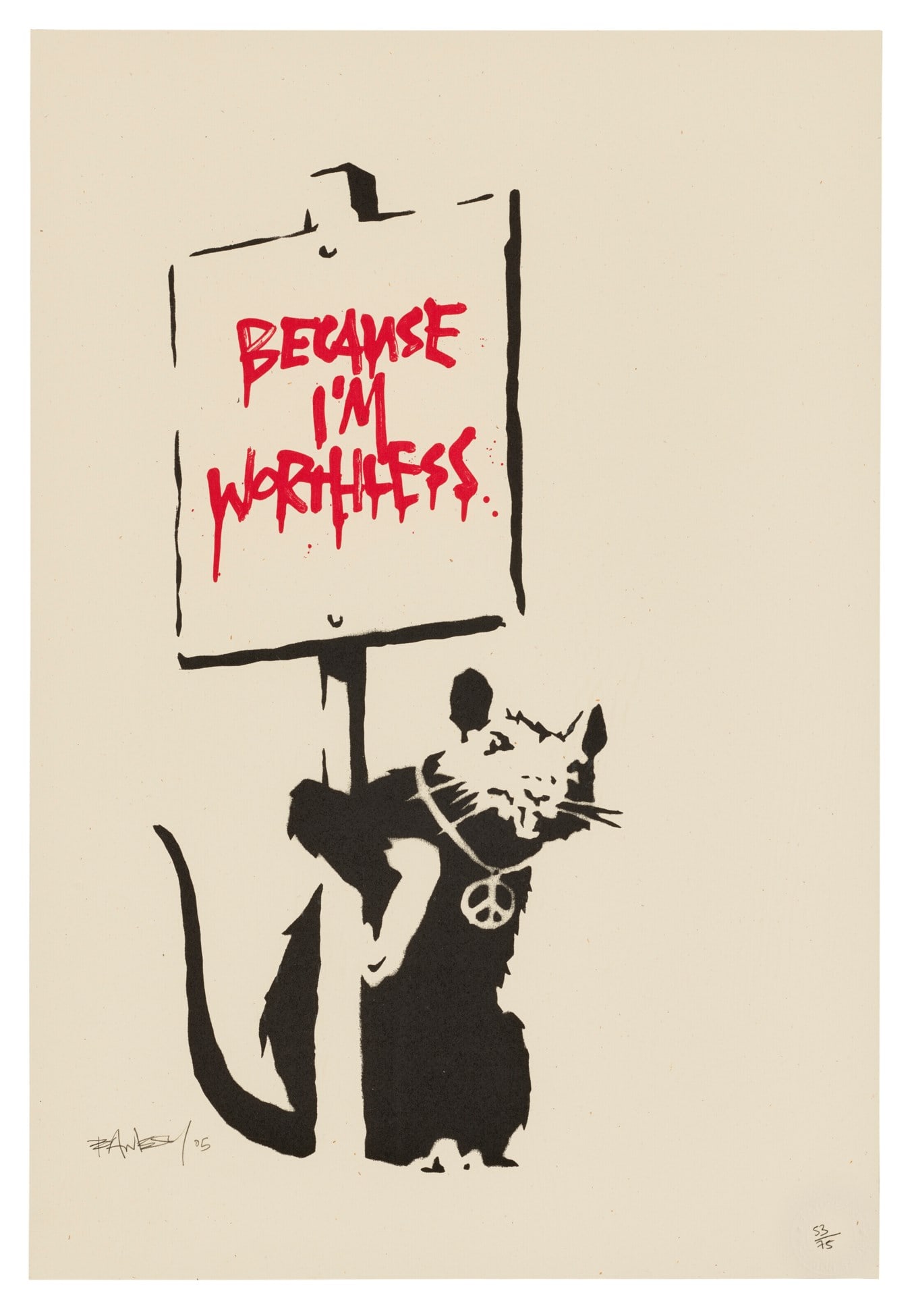 Banksy- Beacause I'm Worthless (black and red) 2004 sold after: Because I'm Worthless (black and red)- Banksy Print sold after. print on heavy wove paper. Print measures 13.8x19.7 inches. These are part of the estate sale and we do not have a COA. All lots offered