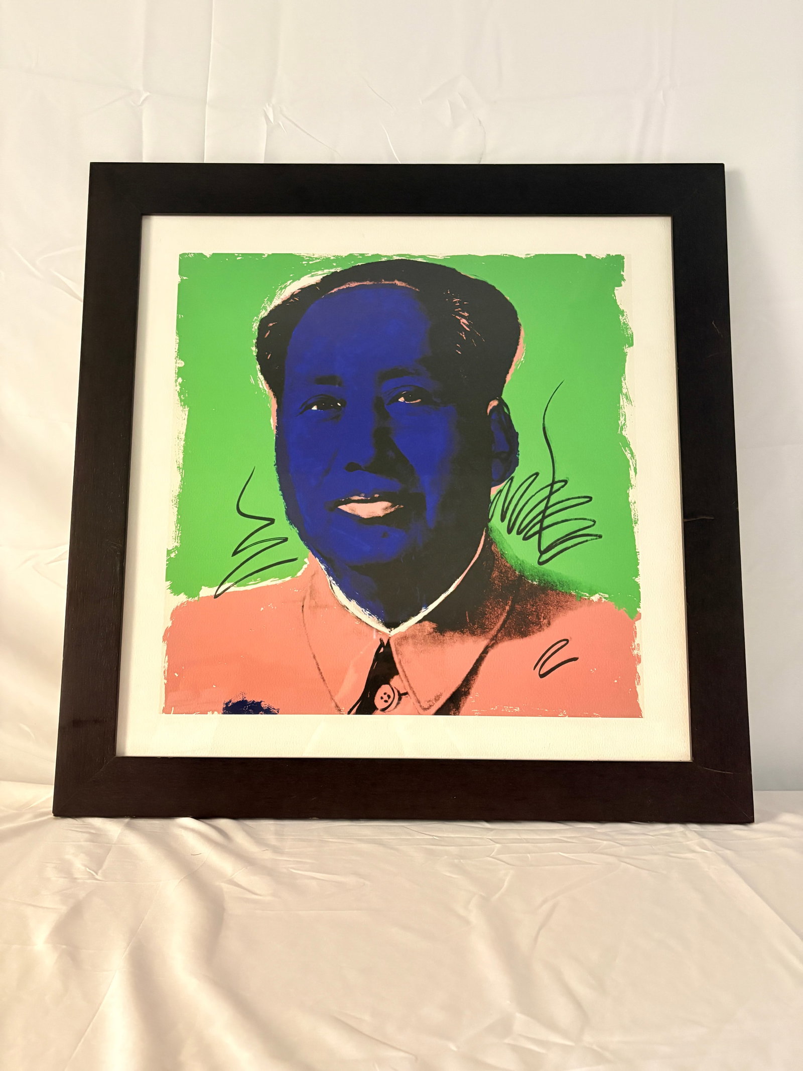 after Andy Warhol "Mao" Offset Lithograph: after Framed Andy Warhol "Mao" offset Lithograph on fine art wove paper, framed. Sold after. Sheet measures 36x36 inches. This piece comes from a private collection out of Newton, CT. These are part o