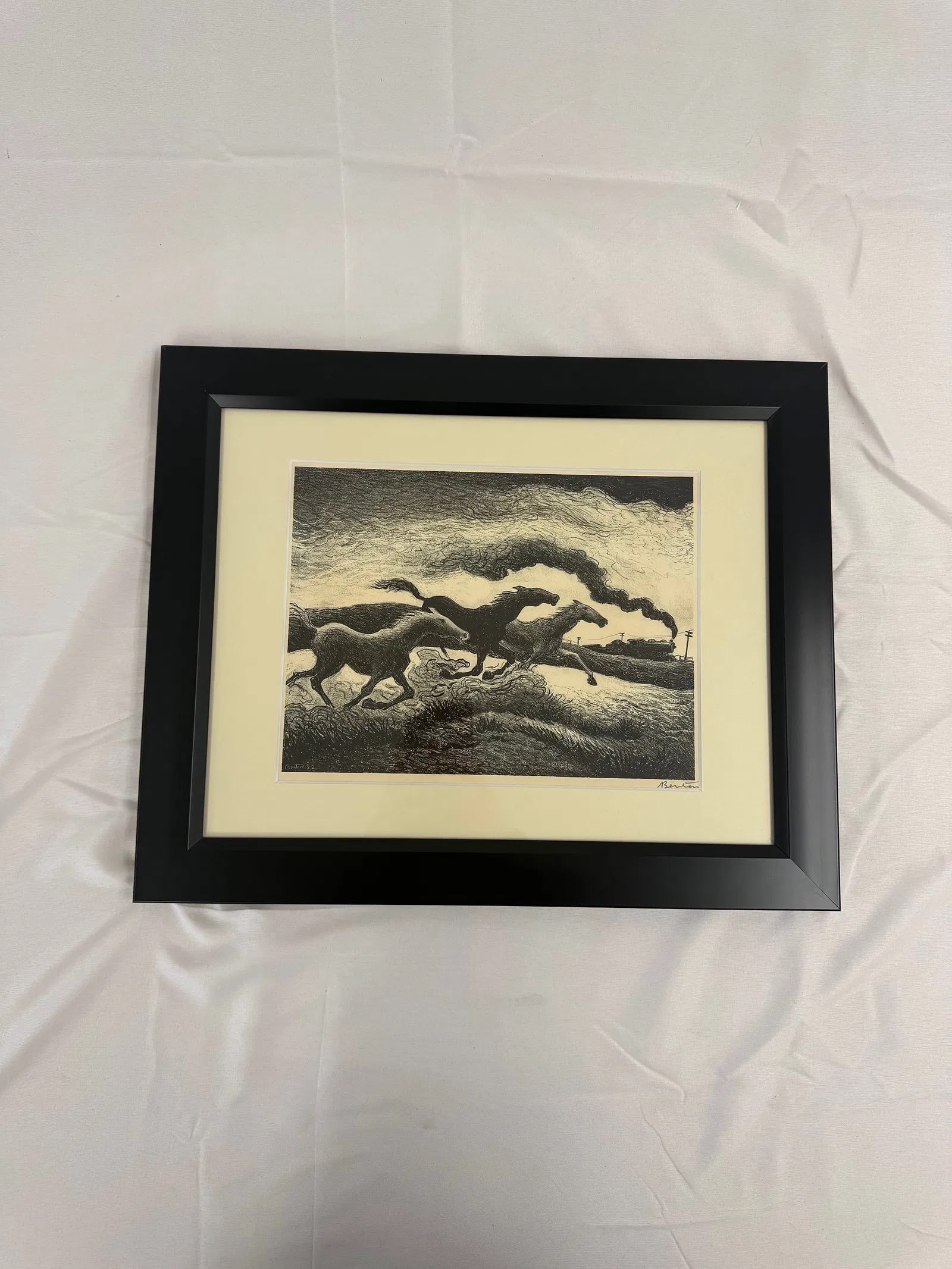 THOMAS HART BENTON(1889-1975) The Race after: THOMAS HART BENTON(1889-1975) The Race print, on BKRives paper, 1942,sold after. with full margins, measures approx 10.75 X 15 inches, Print date unknown. These are part of the estate sale and we do n