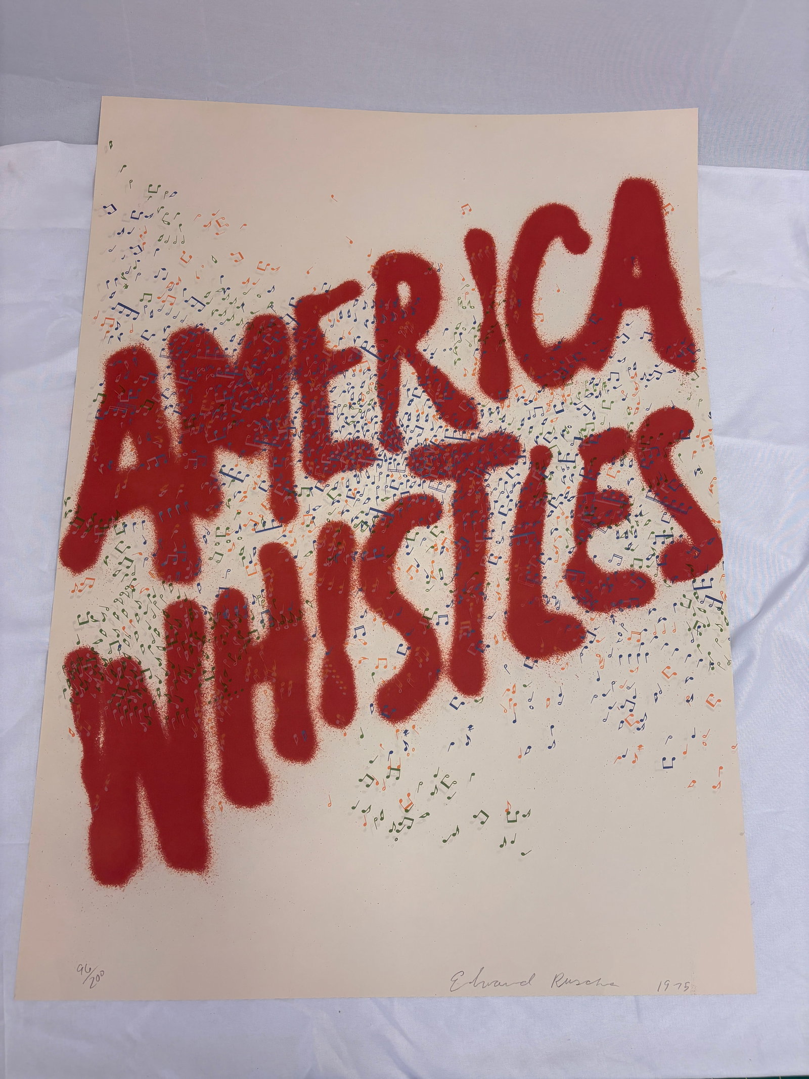 Ed Ruscha "American Whistles, 1975" after: Ed Ruscha America Whistles, 1975 Lithograph in colors with embossing on BFK Rives paper. Measures 22.5x30 inches (sheet). sold afterThese are part of the estate sale and we do not have a COA. All lots