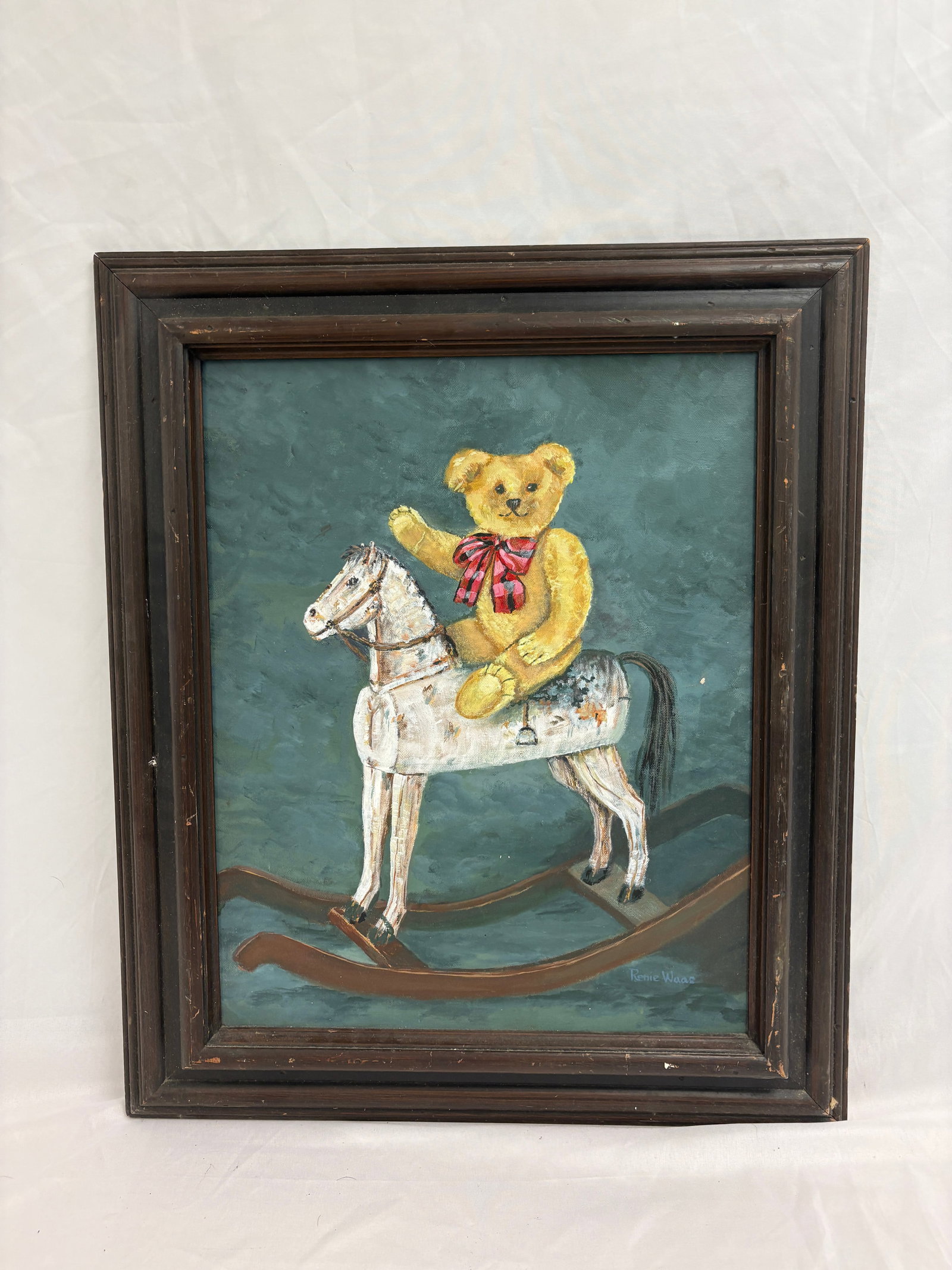 Teddy Bear on Rocking Horse-Oil On Canvas, Framed: Teddy bear on rocking horse framed oil on canvas March '89 on verso "The Old and the New" Renee Waas. These are part of the estate sale and we do not have a COA. All lots offered in our auctions are s
