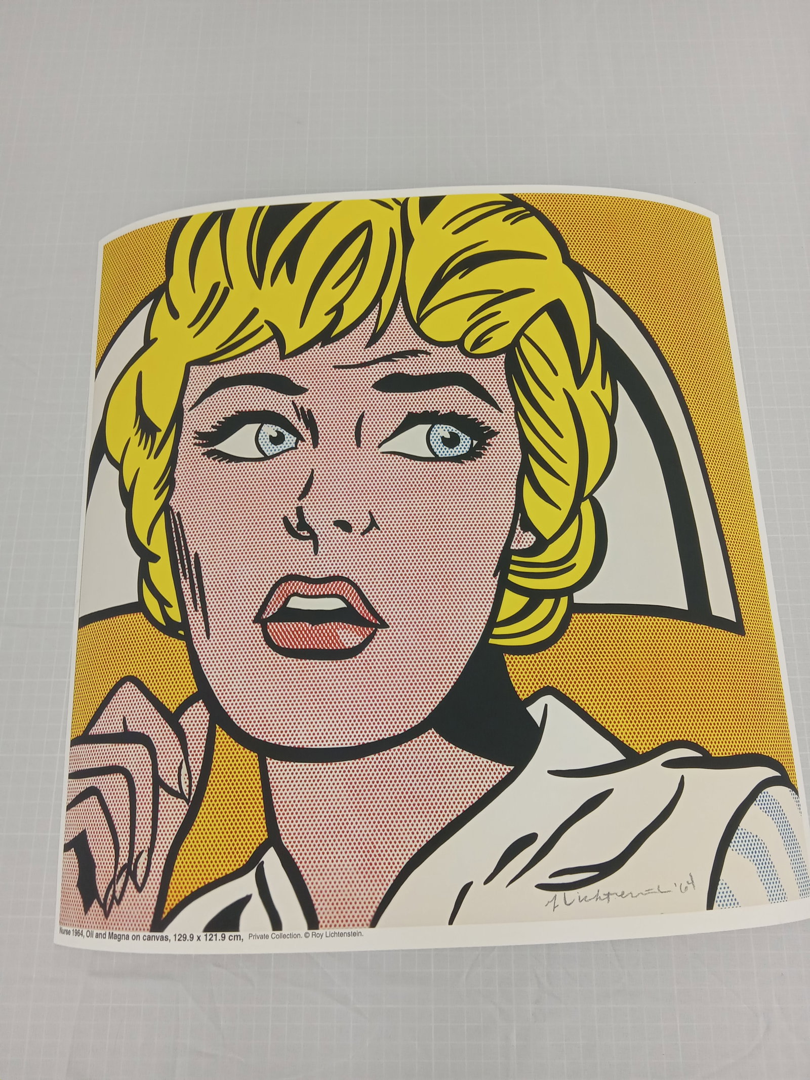 after Roy Lichtenstein "Nurse" Print: after Roy Lichtenstein, Nurse sold after lichtenstein. Print on thick fine art textured paper. Measures 20.25x20.5 inches. These are part of the estate sale and we do not have a COA. All lots offered 