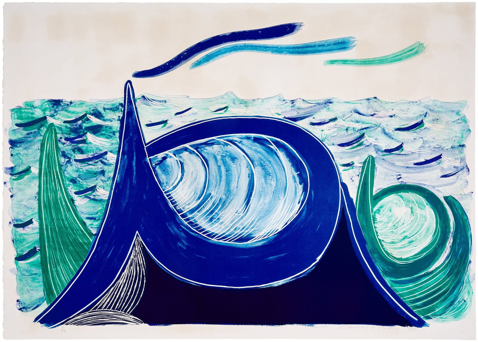 David Hockney, R.A. "The Wave" Sold after: David Hockney "The Wave" Solld after. Print on Arches 88 Paper. Measures 27x38.5 inches. These are part of the estate sale and we do not have a COA. All lots offered in our auctions are sold strictly 