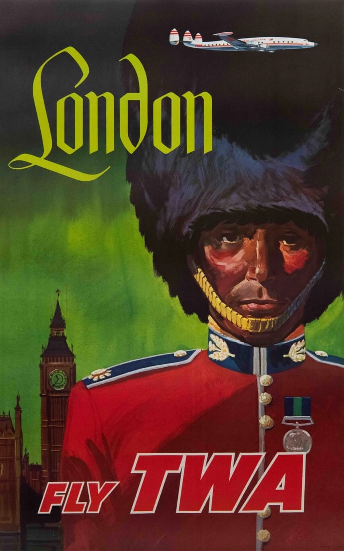 London Travel Poster for TWA David Klein after: London TWA travel poster of a Royal Guard artwork by DAvid Klein vc on archival paper, linenbacked, measures 34.5 x 23.5 These are part of the estate sale and we do not have a COA. All lots offered in