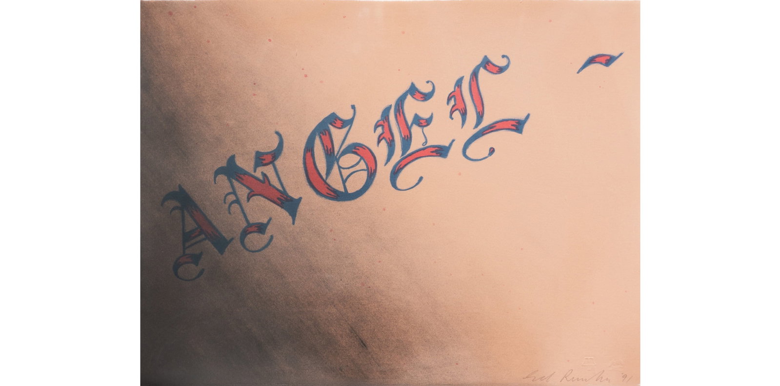 Ed Ruscha "Angel, 1991" Print sold after: Ed Ruscha "Angel,1991' print after. on heaavy wove paper. measures 12x16 inches. These are part of the estate sale and we do not have a COA. All lots offered in our auctions are sold strictly on an "A
