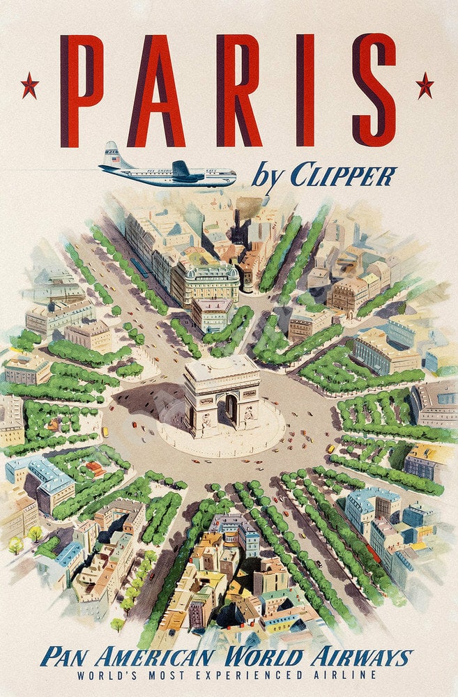 Paris by Clipper Pan Am Travel Poster: Paris by Clipper Pan Am Travel Poster. on archival quality paper, linenbacked. Measures 32 x 23 These are part of the estate sale and we do not have a COA. All lots offered in our auctions are sold st