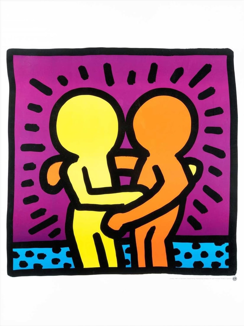 after Keith Haring "Untitled (Best Buddies)", 1987 Print: after Keith Haring "Untitled (Best Buddies)" 1987 print on heavy wove paper. sold After. "Authorized by the Estate of Keith Haring" Stamp on verso. Sheet measaures 31.5x26.5 inches (approx.). These ar