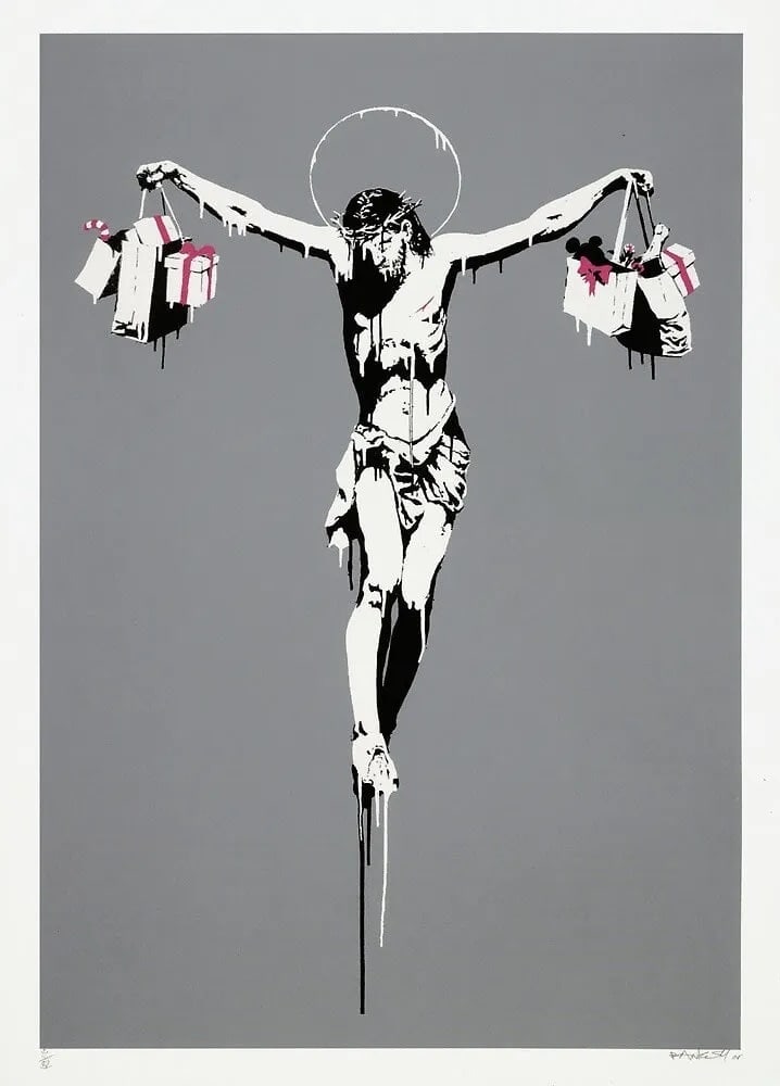 Banksy "Christ with Shopping Bags," 2004 Lithograph (sold after): Banksy "Christ with Shopping Bags," 2004 offset lithograaph (sold after) on heqavy wove paper. Measures 19.75x27.5 inches. (approx.) These are part of the estate sale and we do not have a COA. All lot