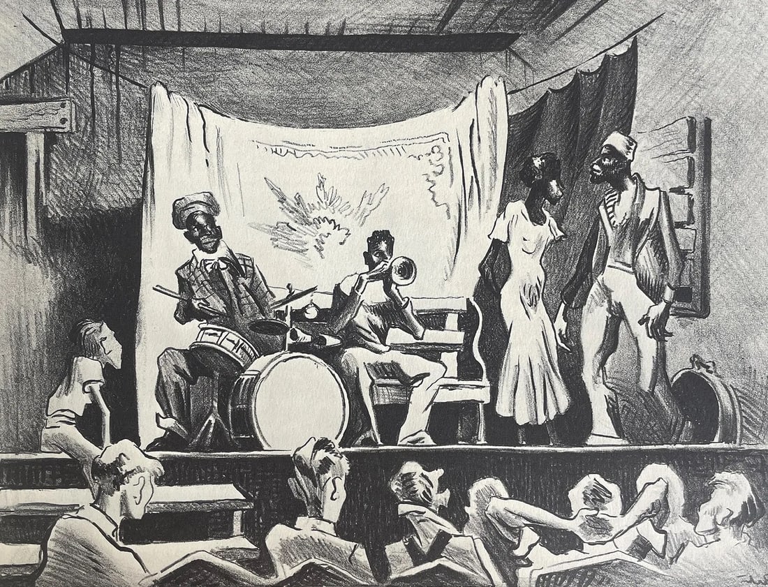 Thomas Hart Benton"Minstrel Show, 1934" print after: THOMAS HART BENTON"Minstrel Show, 1934, print on BKRives paper, 1934, sold after, with full margins, measures approx 10.75 X 15 inches, Print date unknown.These are part of the estate sale and we do