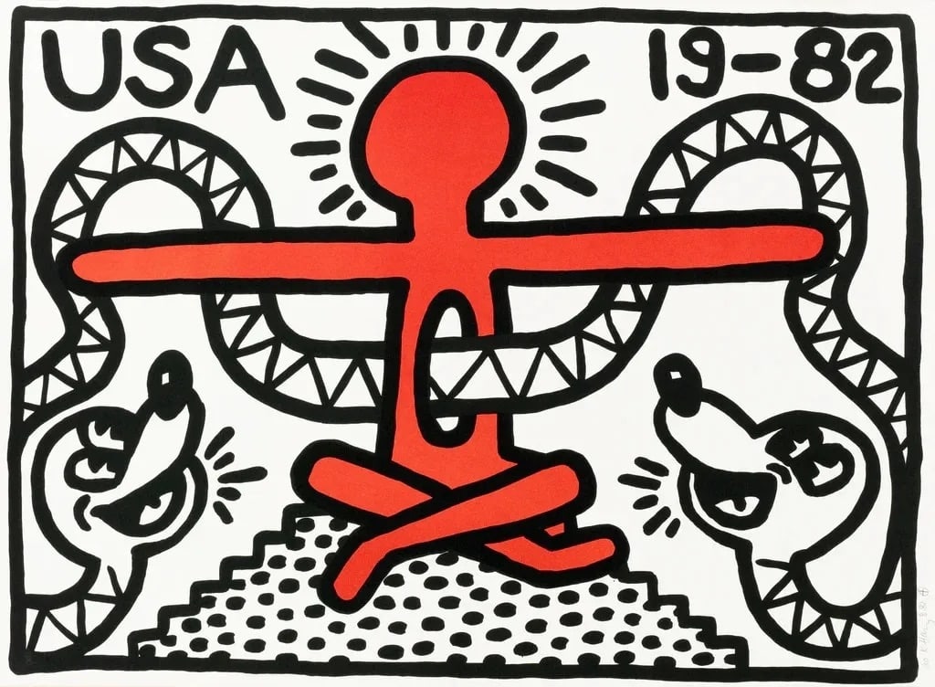 Keith Haring "USA 19-82," 1982 Print sold after: Keith Haring "USA 19-82" Print sold after. Print is on fine art heavy wove paper. Measures 22 x 29 7/8 inches. These are part of the estate sale and we do not have a COA. All lots offered in our aucti