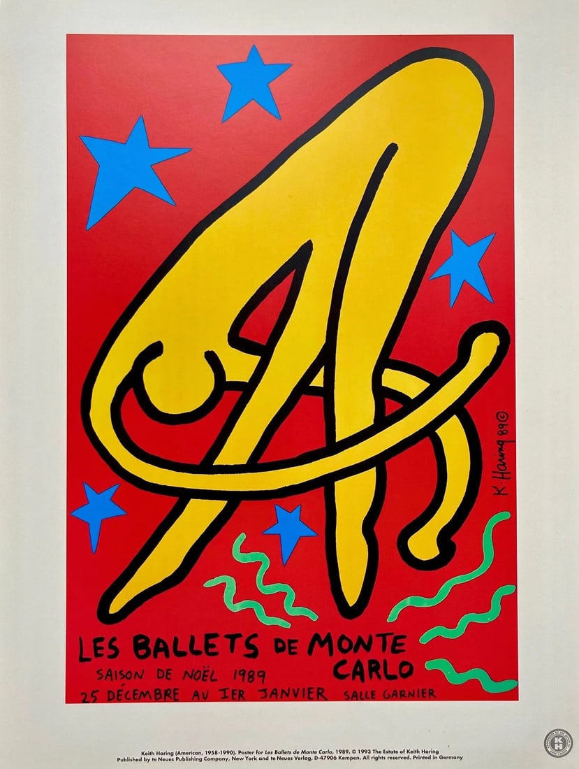 Keith Haring "Les Ballets De Monte Carlo, 1989" print after: Keith Haring "Les Ballets De Monte Carlo, 1989" Poster, sold after. "Authorized by the Esstate of Keith Haring' Stamp on verso, printed on recto. Measures 11.8x15.75 inches. High quality print on