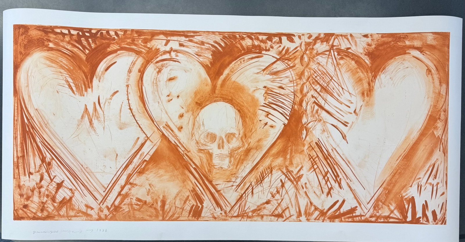 Jim Dine(My Nights in Santa Monica) (the Bistre Version) after: Jim Dine(My Nights in Santa Monica) (the Bistre Version), Print on Arches cover paper, Full Margins, Measures- Image 29 7/8 x 67 in. Sheet 35 3/8 x 72 1/4 in,These are part of the estate sale and we