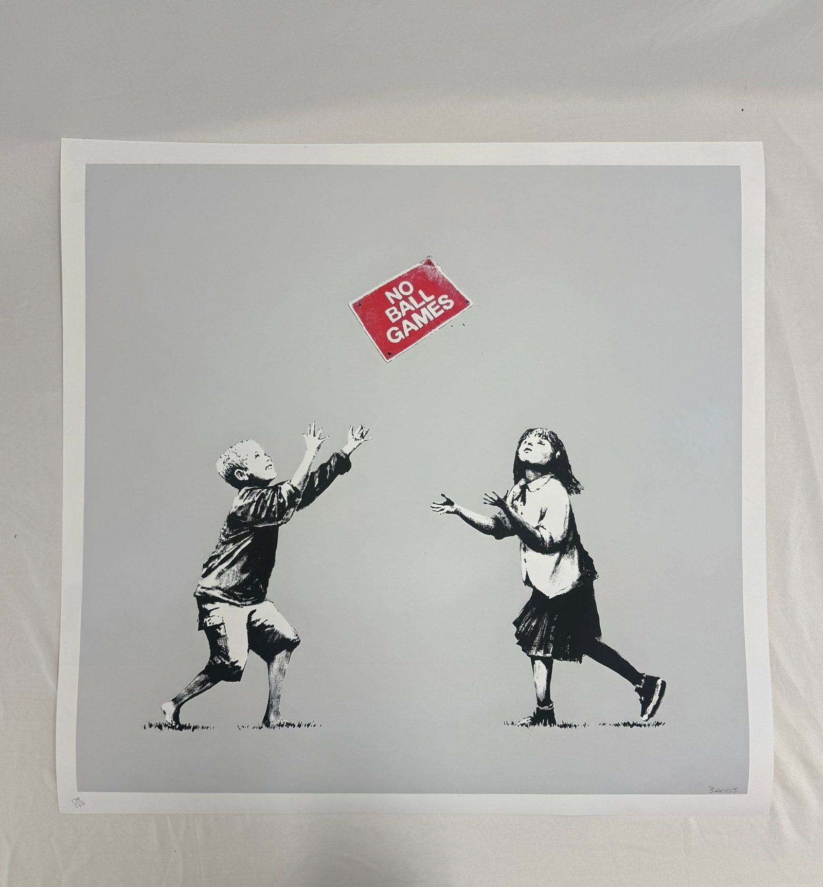 Banksy "No Ball Games" after: Banksy "No Ball Games" after. Offset lithograph on Heavy wove paper. Measures approx 27.50 X 27.50 inches. These are part of the estate sale and we do not have a COA. All lots offered in our auctions 