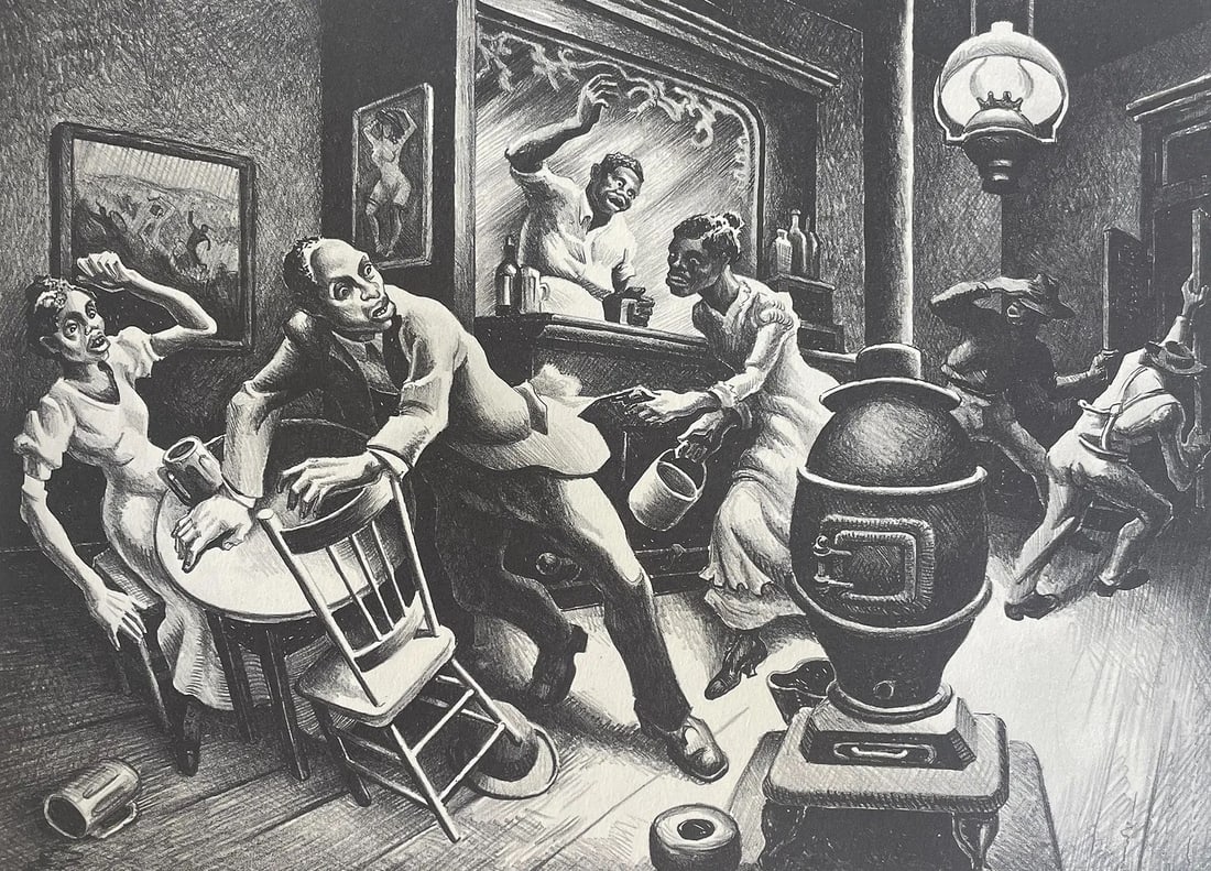 Thomas Hart Benton "Frankie and Johnnie, 1936" Print after: Thomas Hart Benton "Frankie and Johnnie, 1936" Print on BKRives paper, sold after, with full margins, measures approx 10.75 X 15 inches, Print date unknown.These are part of the estate sale and we do