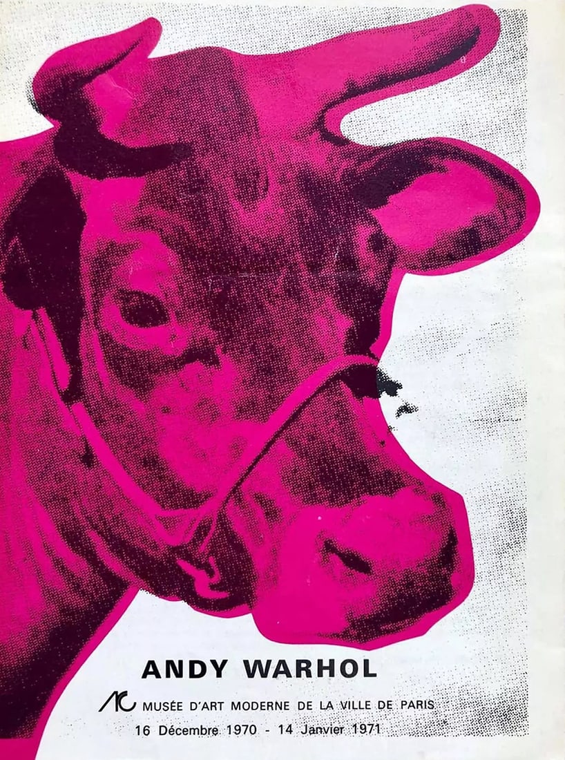 Andy Warhol Cow Poster after: Andy Warhol Musee d'Art Moderne Exhibition Poster print on archival paper, linen backed. Measures approx. 39.5x26 inches. All lots offered in our auctions are sold strictly on an "AS IS" basis. Any