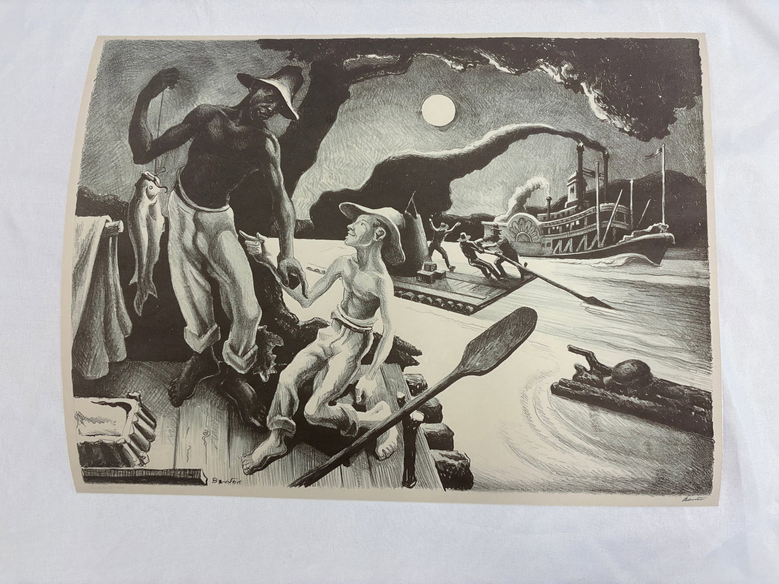 Thomas Hart Benton "Huck Finn, 1936" Print after: Thomas Hart Benton "Huck Finn, 1936" signed Print on BKRives paper, sold after with full margins, measures approx 11.50 X 15 inches, Print date unknown.These are part of the estate sale and we do not 