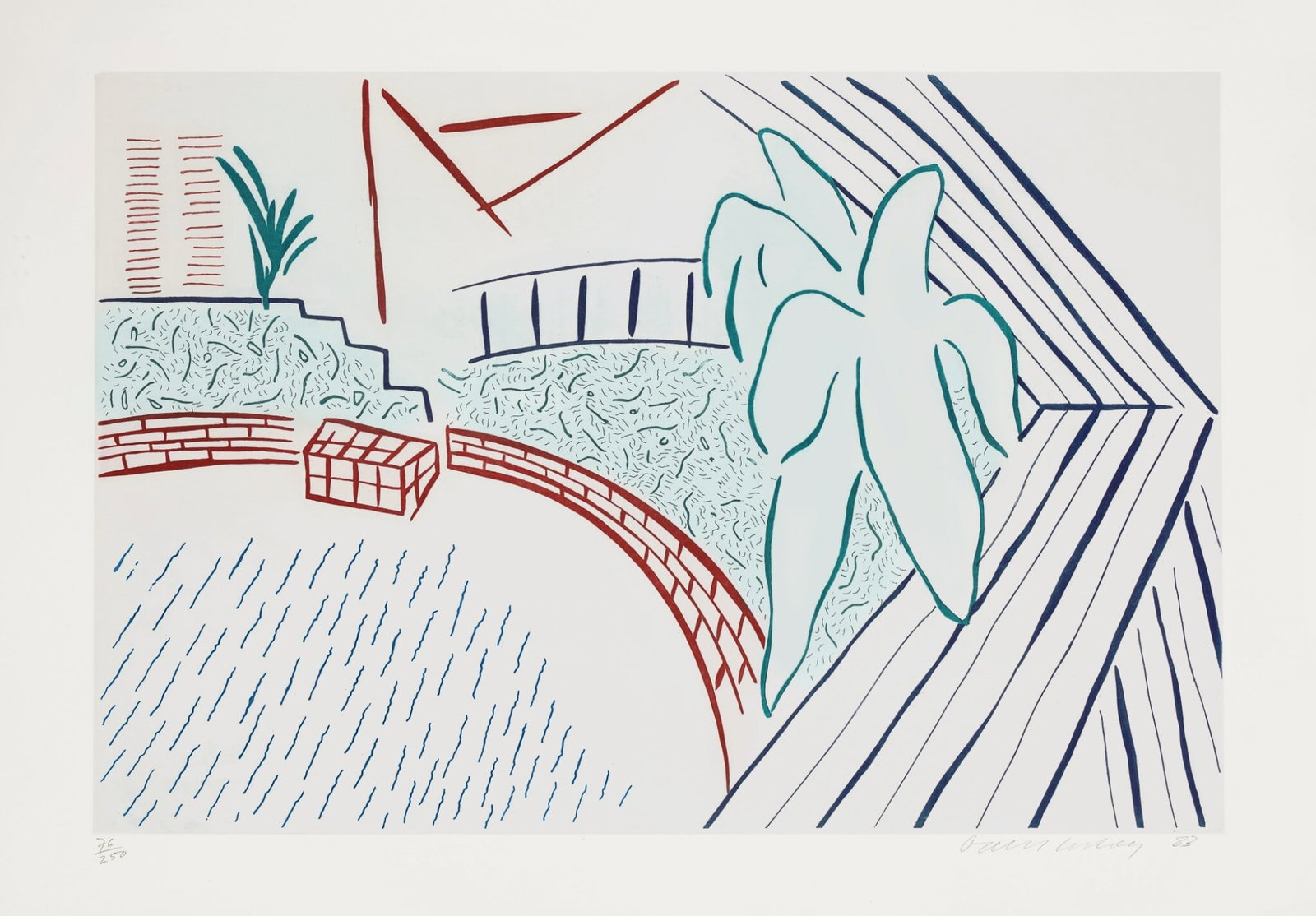 after David Hockney "My Pool and Terrace, from Eight by Eight to Celebrate theTemporaryContemporary": after David Hockney "My Pool and Terrace, from Eight by Eight to Celebrate the Temporary Contemporary" Sold After. Print on Somerset Wove Paper. Sheet measures 29x41.75 inches. These are part of the e