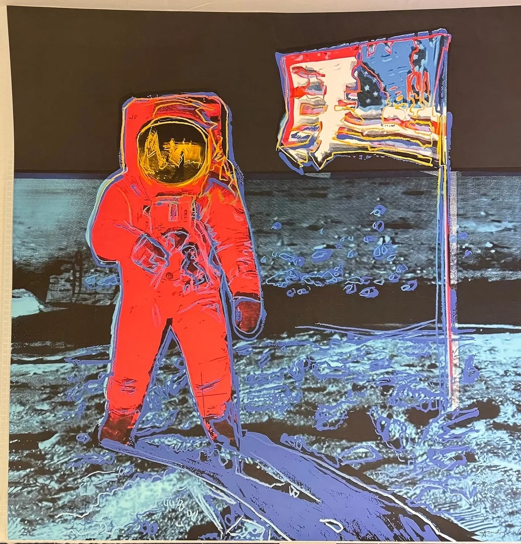 Andy Warhol "MOONWALK -FS II #405" after: Andy Warhol "MOONWALK -FS II #405" , 1987, Measures 38in x 38in, Signed and Lower Right, includes Feldmans Fine Arts, NY STAMP on Back. Print in colors, Sold After. We have no additional information o