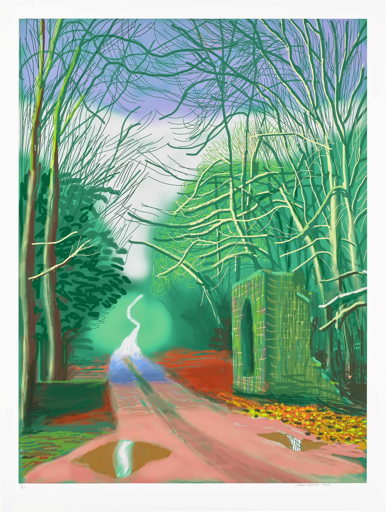 After David Hockney(The Arrival of Spring in Woldgate, East Yorkshire in 2011): After David Hockney The Arrival of Spring in Woldgate, East Yorkshire in (2011)-19 February. IPad drawing printed in colours on wove paper. Signed Measures 55.00 X 41.50 inches. All lots offered in ou
