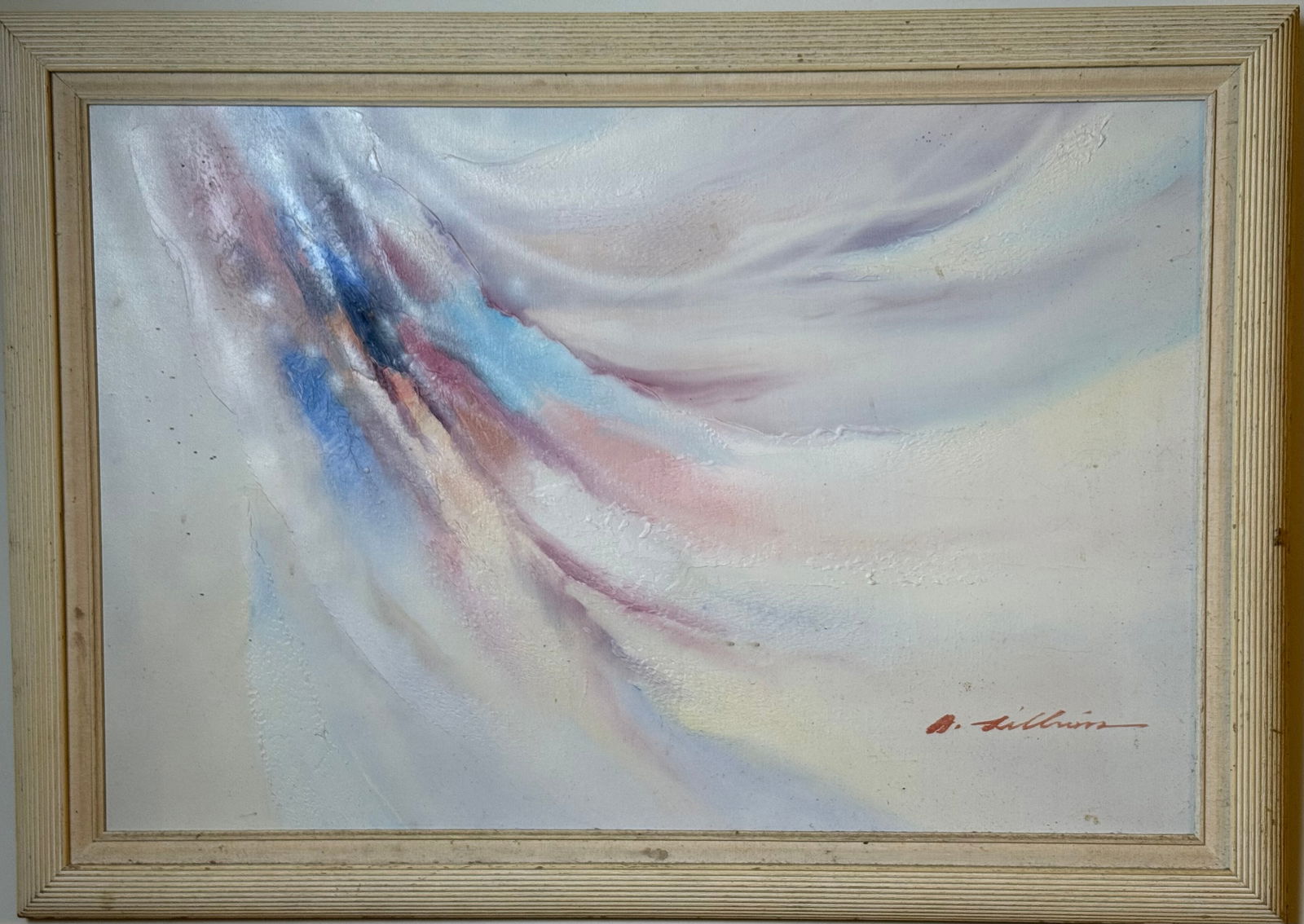 Signed Abstract Expressionist Oil Painting on Canvas: An abstract expressionist oil painting on canvas, featuring sweeping, atmospheric strokes in soft pastel tones of blue, pink, lavender, and cream. The composition suggests a sense of motion and depth,