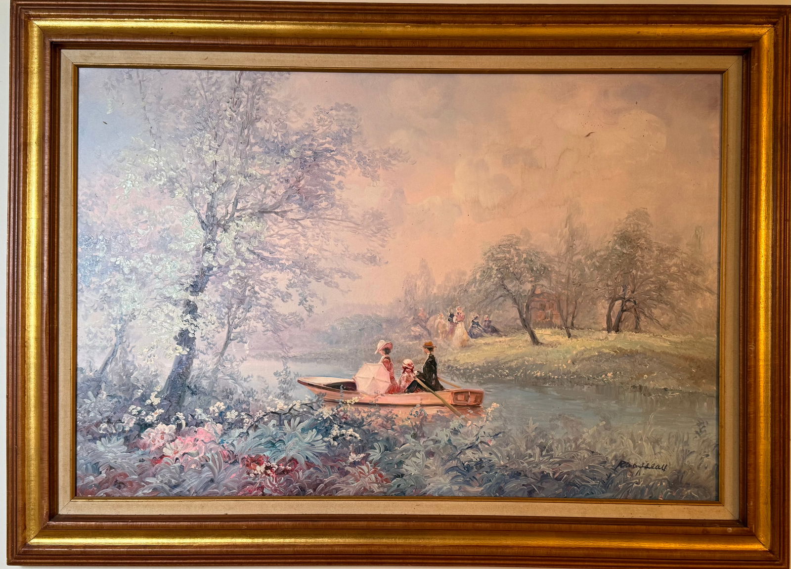 Signed Oil on Canvas River Landscape with Figures in Boat, Framed (1 of 3)
