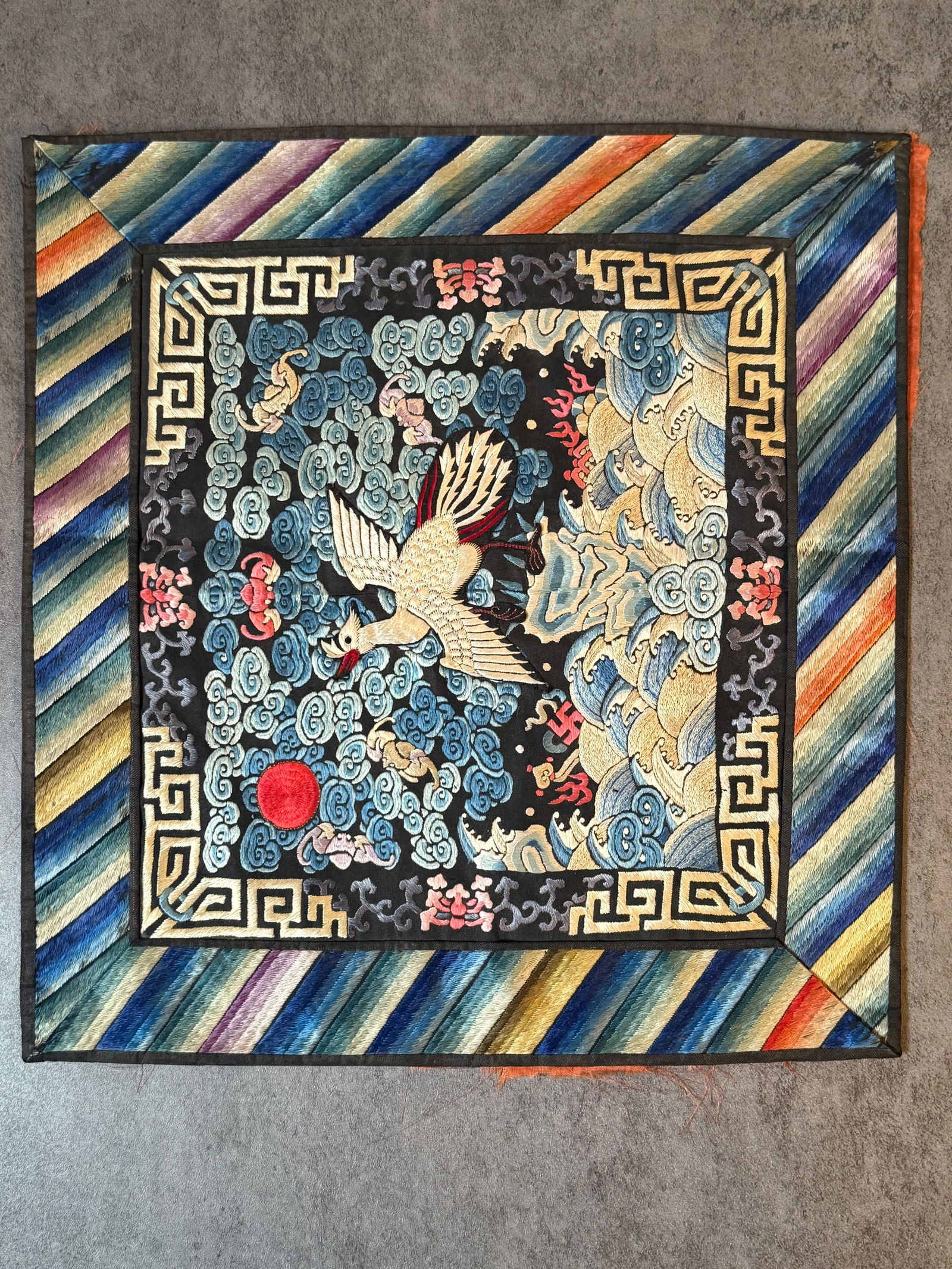 Chinese Style Embroidered Silk Panel with Crane & Cloud Motif (1 of 1)