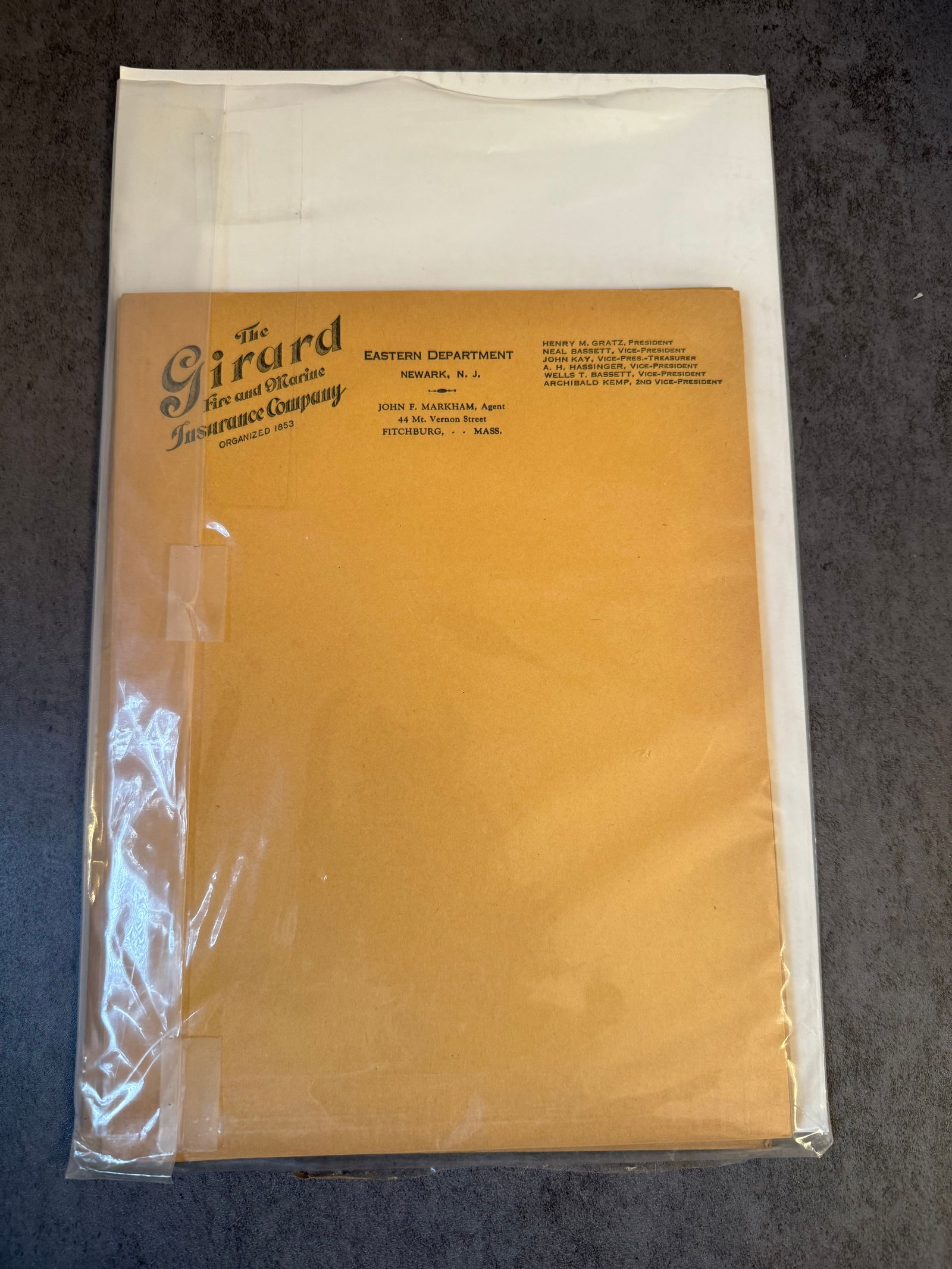 Early 20th Century Girard Fire & Marine Insurance Co. Archive, Newark, NJ: Group of early 20th century archival business material from The Girard Fire and Marine Insurance Company, including an original company document folder and assorted internal papers and