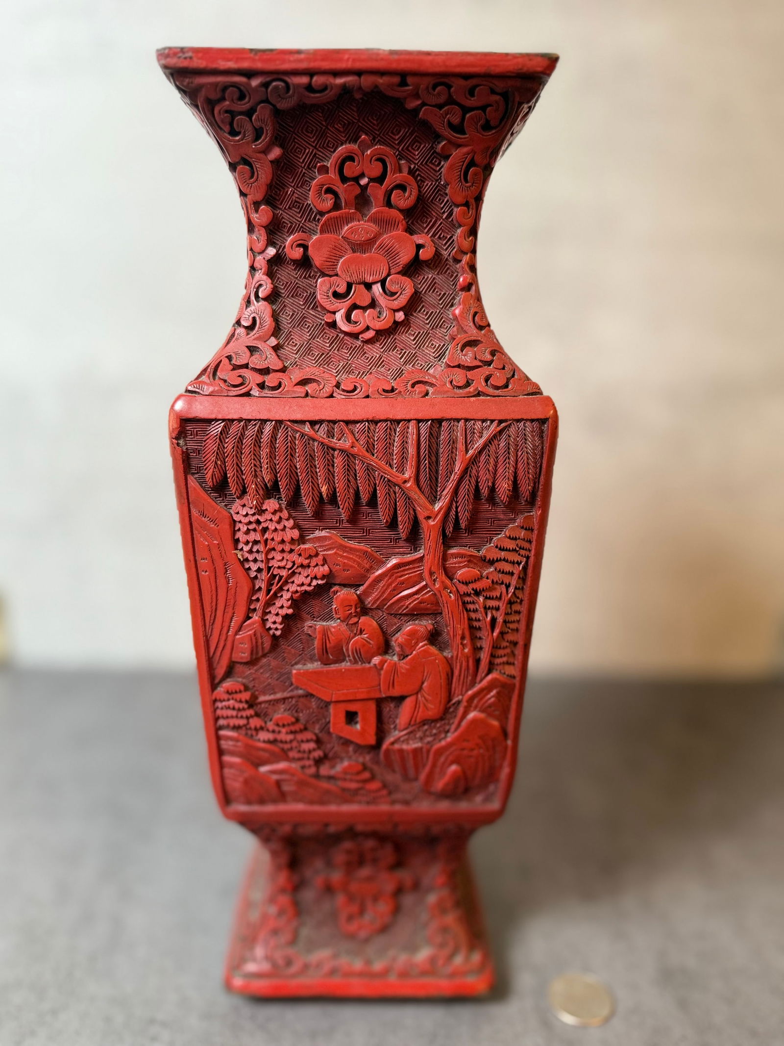 Chinese Carved Red Lacquer Square Vase, Scholar Scene Decoration (1 of 3)