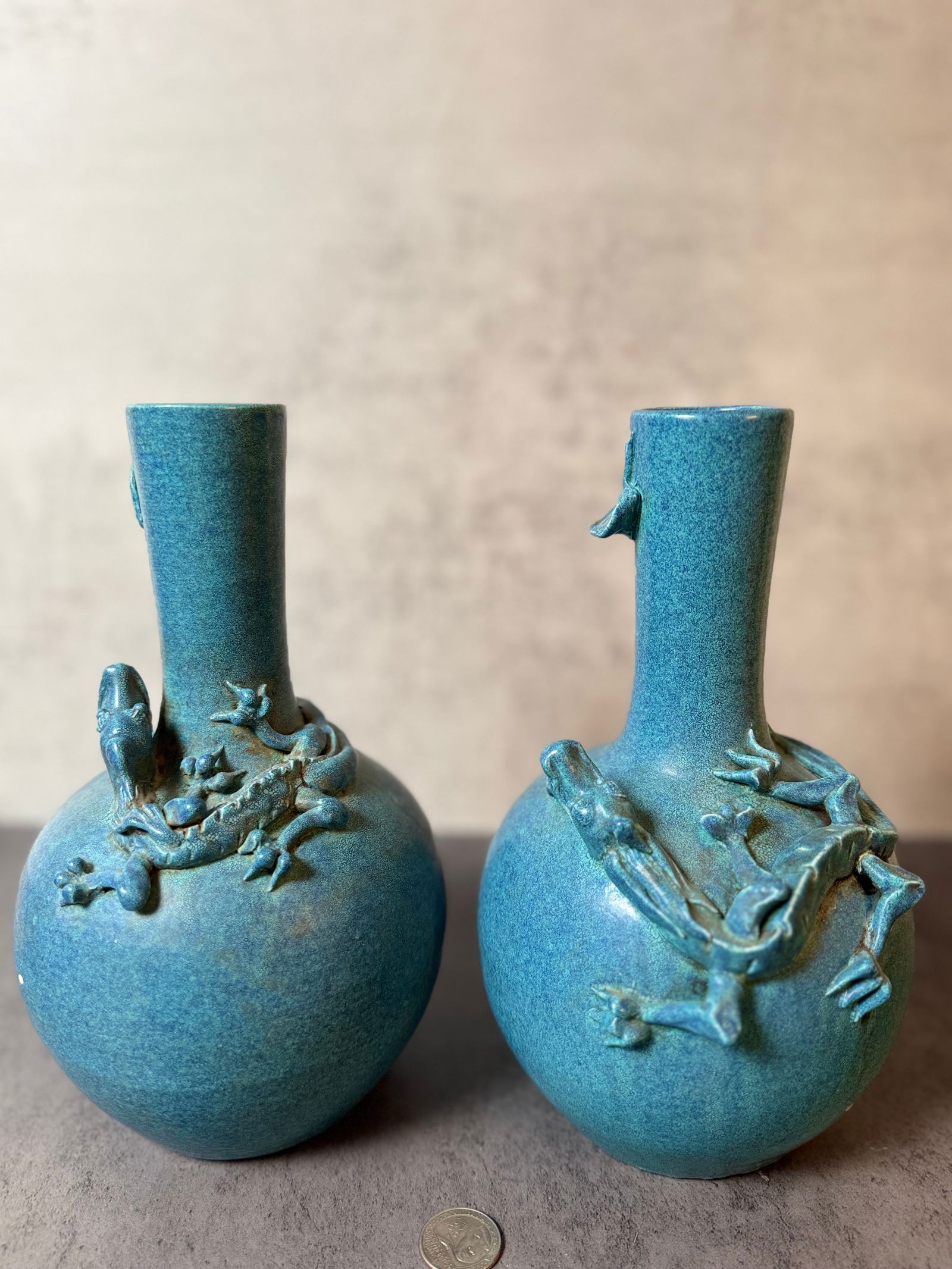 Pair of Chinese Turquoise-Glazed Porcelain Vases with Dragon Decoration, possiblly Qing Dynasty (1 of 2)