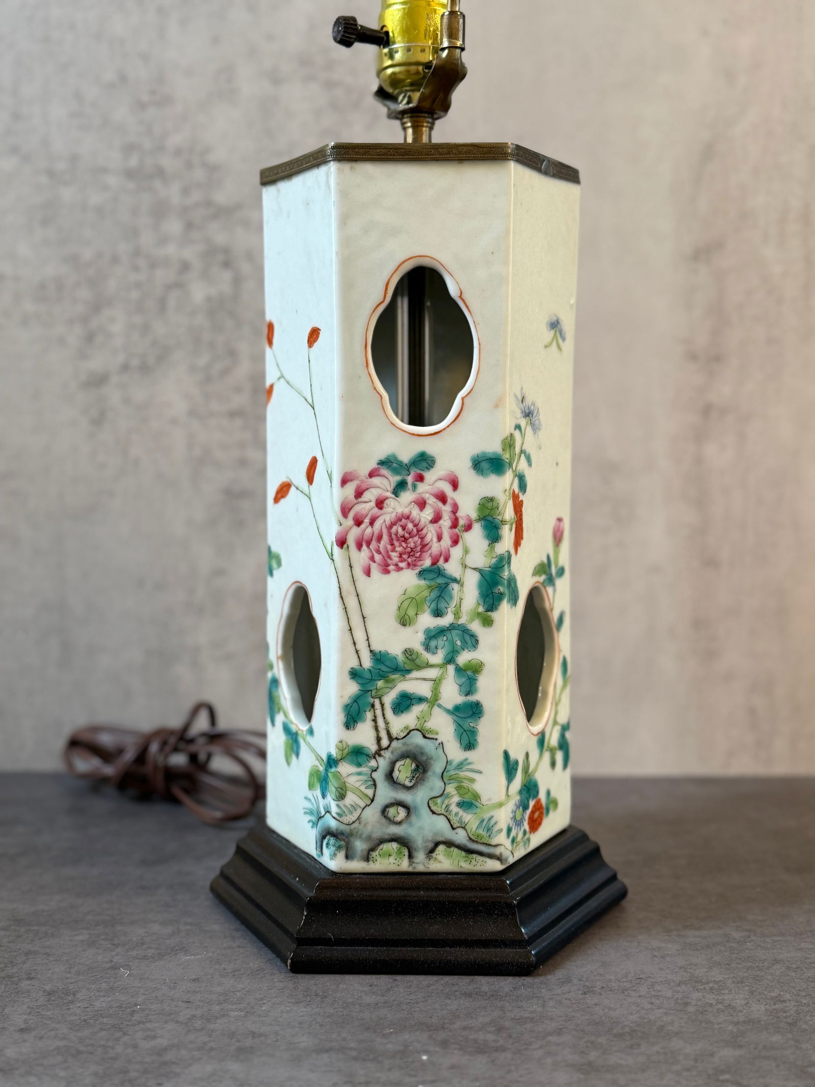 Chinese Famille Rose Hexagonal Porcelain Lamp Base with Floral Motifs, 20th C. (1 of 2)