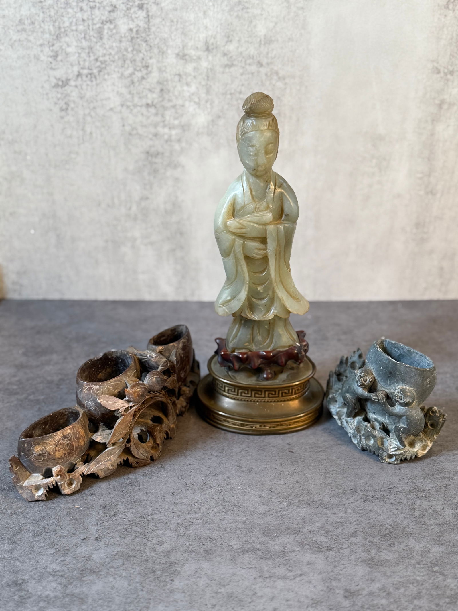 Chinese Carved Hardstone Figure with Two Figural Brush Pots (1 of 3)