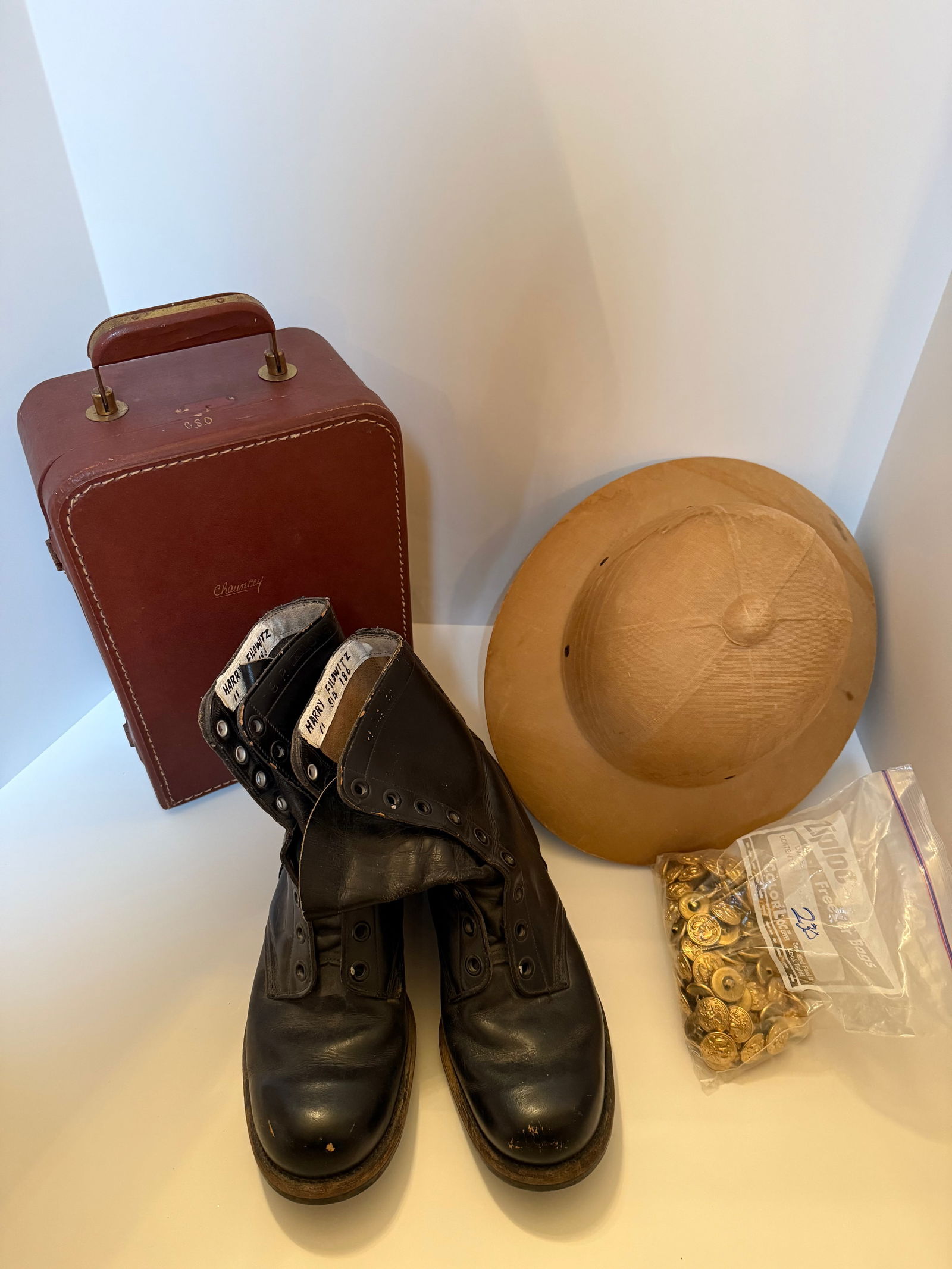 Group of Vintage Items, Including Leather Boots, Pith Helmet, Vintage Liquor Case & Brass Buttons (1 of 1)