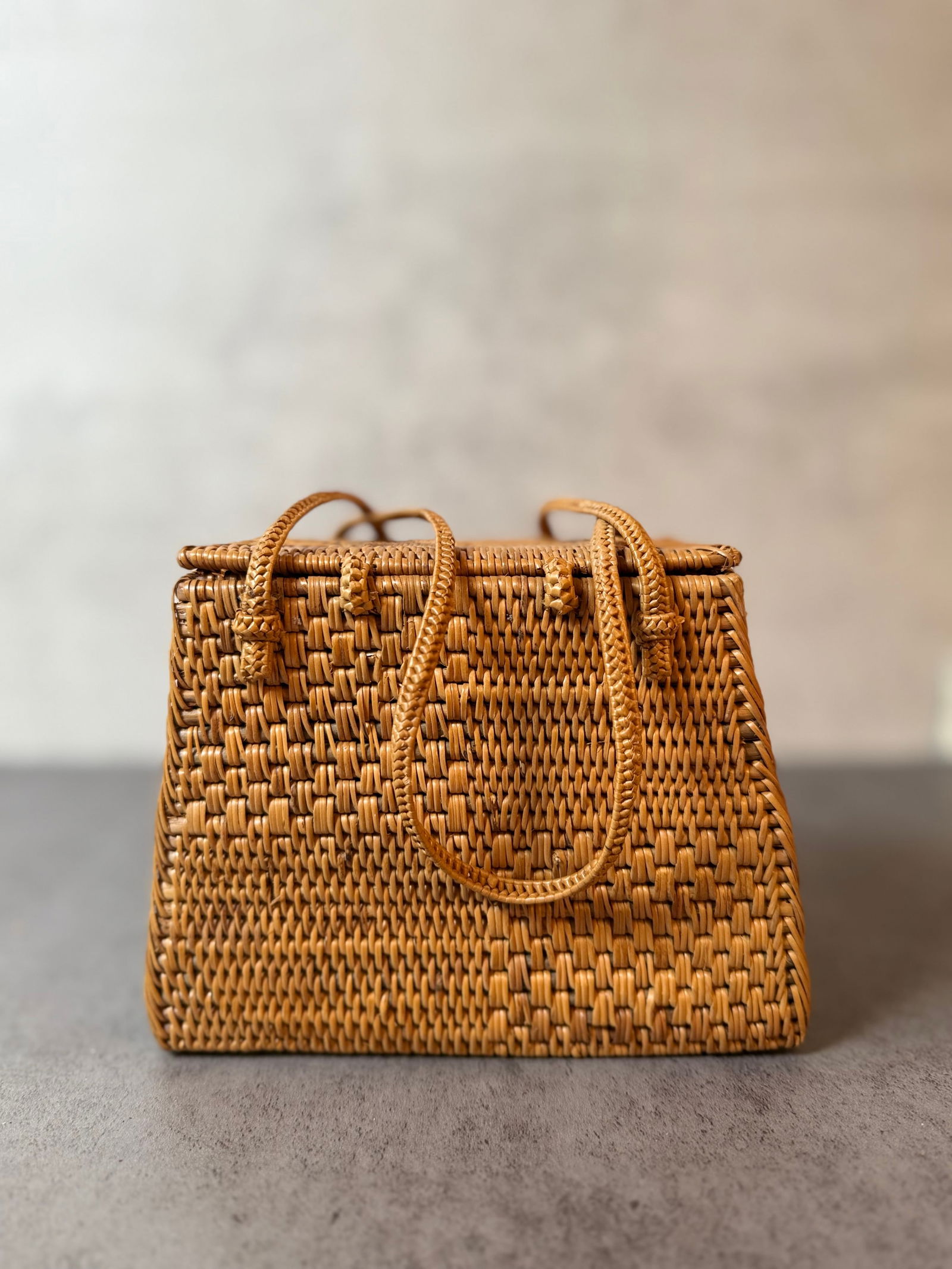 Vintage Woven Rattan Handbag with Fabric Lining: A vintage woven rattan handbag featuring a tightly handwoven body and braided double handles. The interior is lined with soft fabric, providing added protection for personal items. The bag has a struc