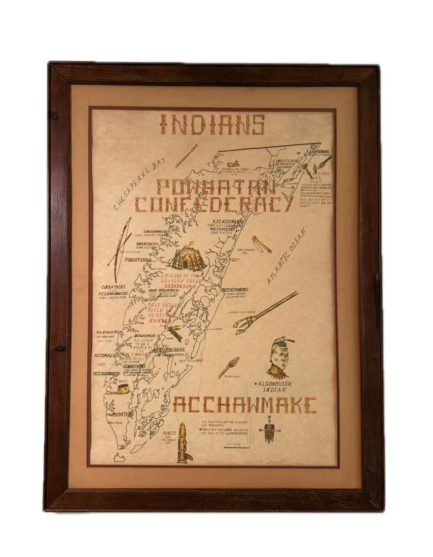 Signed Limited Edition Framed Print, Algonquian Indian Map (18/100): Framed print depicting a historical-style map and illustrations related to the Algonquian Indian peoples.This work is a print / reproduction, not an original historical document. Pencil signed and num