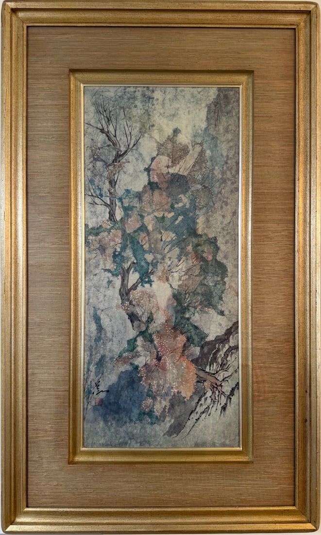 Pang Zengying Chinese Watercolor Print - Flowering Branch, Signed with Red Seal, Framed: A beautiful Chinese watercolor print featuring a delicate flowering branch composition by artist Pang Zengying. The artwork showcases the traditional Chinese painting style with soft washes of blue, p