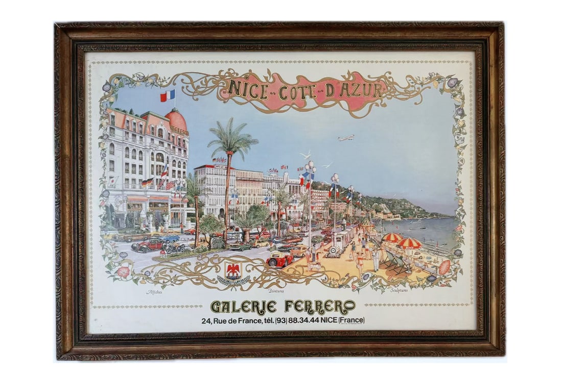Vintage Nice Cote d'Azur French Riviera Print - Galerie Ferrero, Framed Under Glass: A charming vintage decorative print depicting the glamorous French Riviera coastline of Nice, Cote d'Azur. This nostalgic scene captures the Belle _poque elegance of the Mediterranean resort town