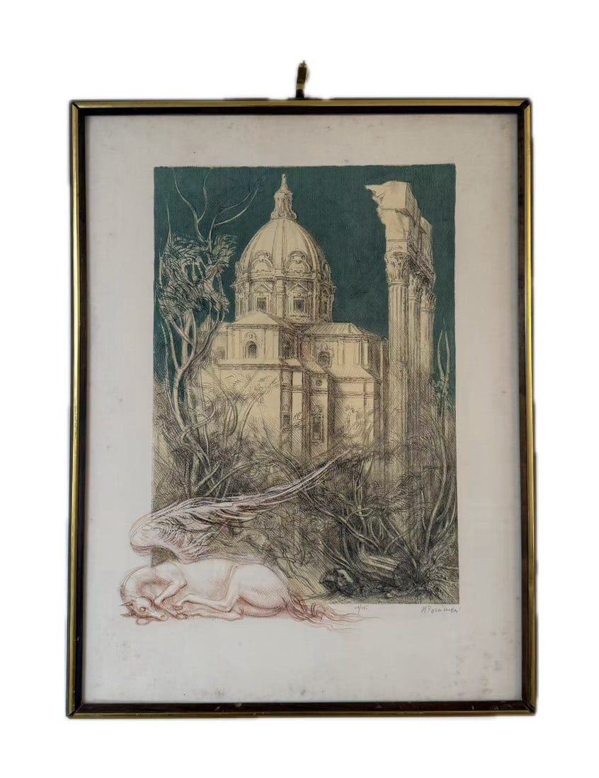 Riccardo Tommasi Limited Edition Lithograph 111/275 - Roman Architecture with Winged Lion, Signed &: A striking limited edition lithograph by Italian artist Riccardo Tommasi, depicting a dramatic architectural scene featuring a Roman baroque church or cathedral with its characteristic domed cupola, s