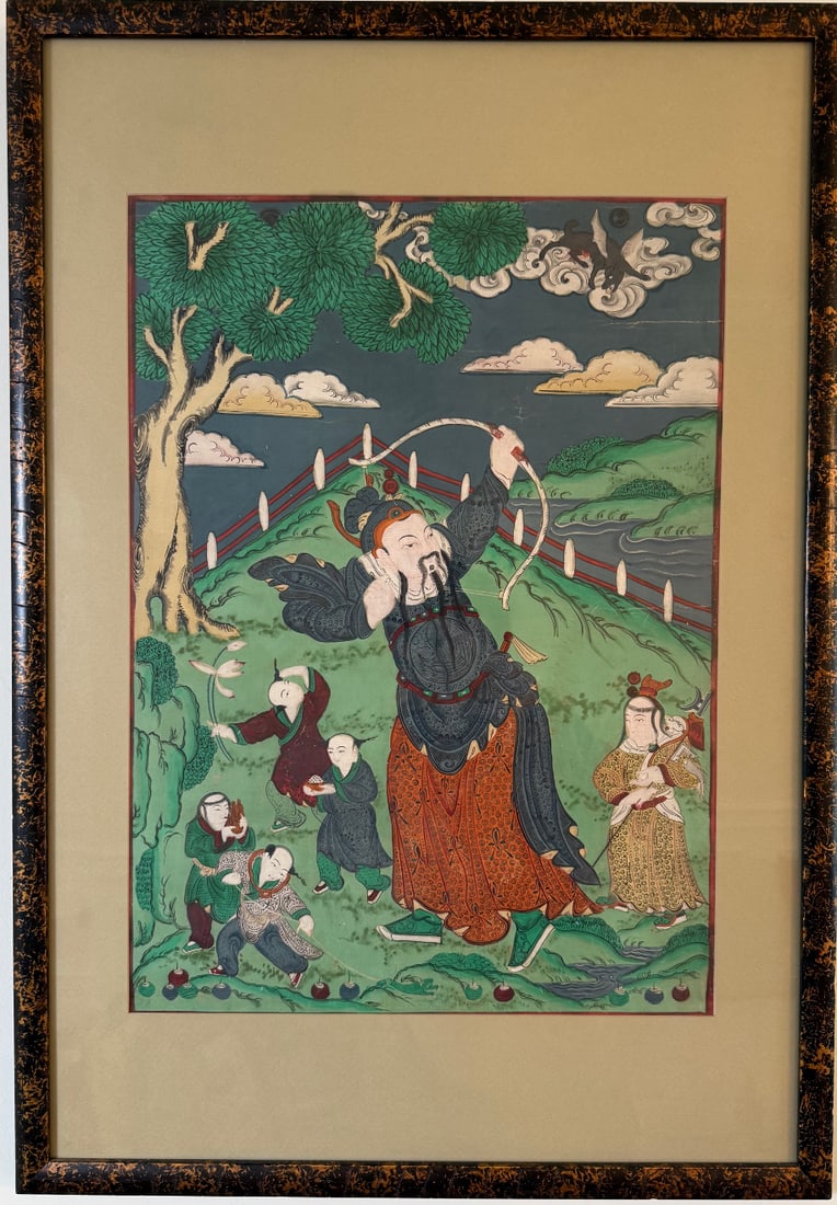 Chinese Folk Art Painting on Silk - Warrior with Children and Crane Scene, Hand-Painted, Framed (1 of 1)