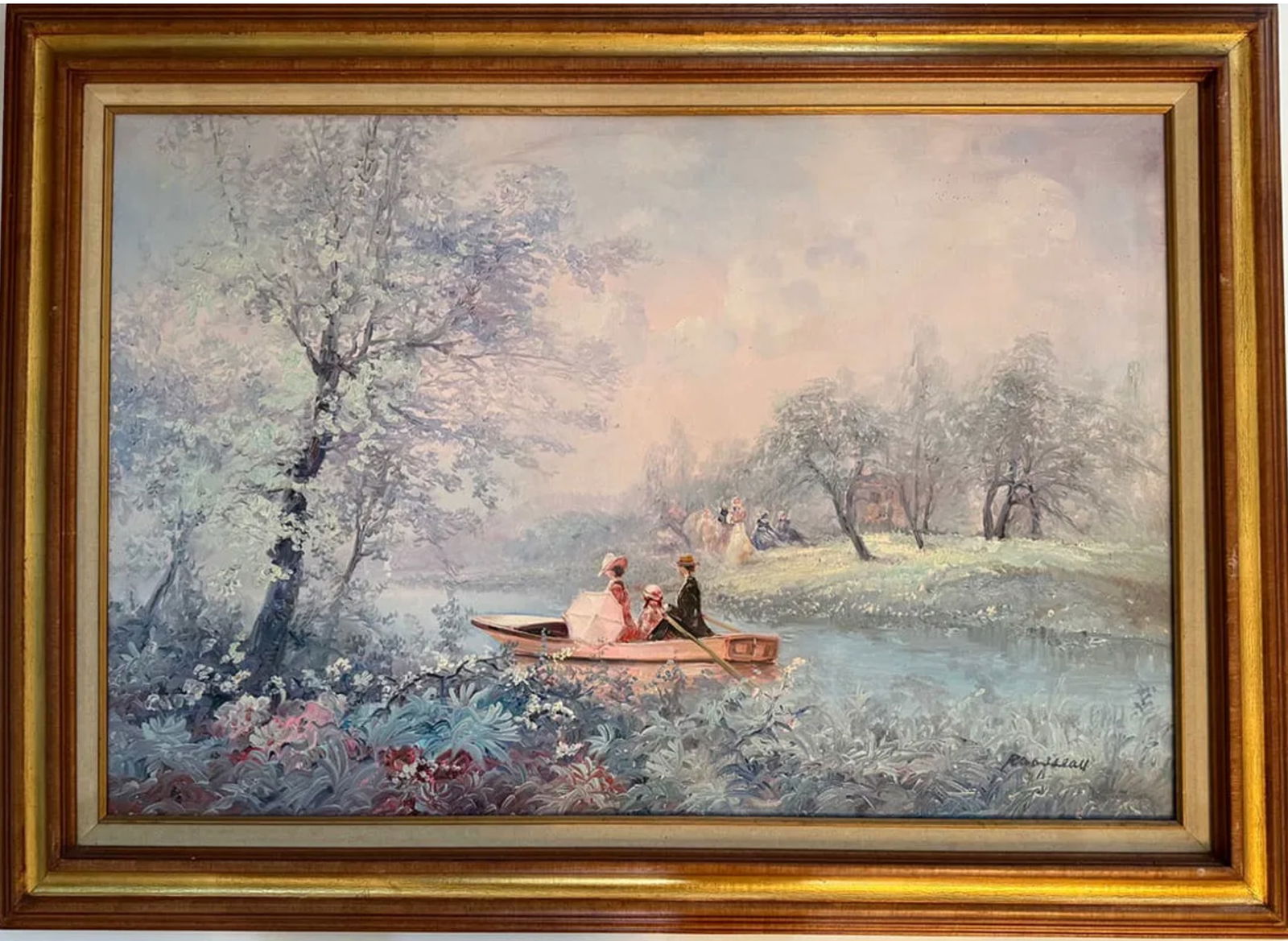 Original Oil Painting on Canvas - Signed Moreau, Romantic Victorian Boating Scene with Figures in: A charming romantic landscape oil painting depicting an idyllic Victorian-era scene. The composition shows elegantly dressed figures enjoying a leisurely afternoon by a tranquil river or lake. In the