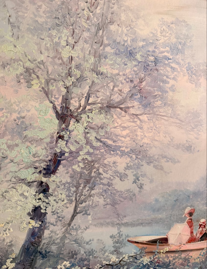 Original Oil Painting on Canvas - Signed Moreau, Romantic Victorian Boating Scene with Figures in - 3