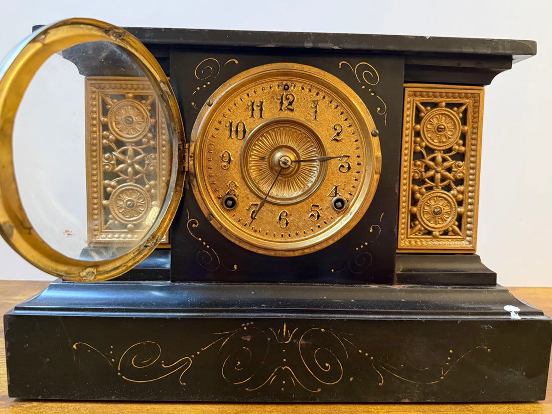Antique French Black Slate Mantel Clock - Victorian Era with Ornate Gold Decoration (1 of 2)