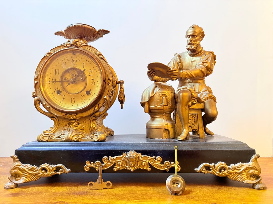 Antique French Figural Mantel Clock - Renaissance Scholar with Artist's Palette, Black Slate Base, (1 of 2)