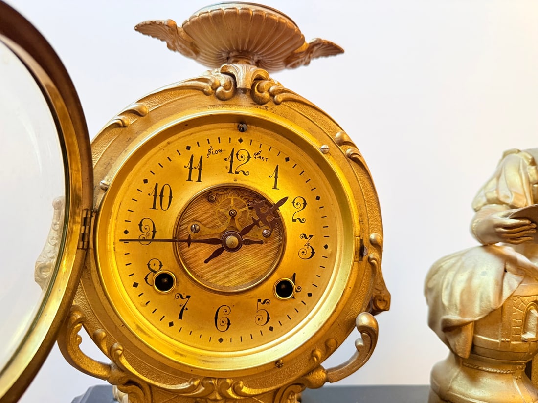 Antique French Figural Mantel Clock - Renaissance Scholar with Artist's Palette, Black Slate Base, - 2