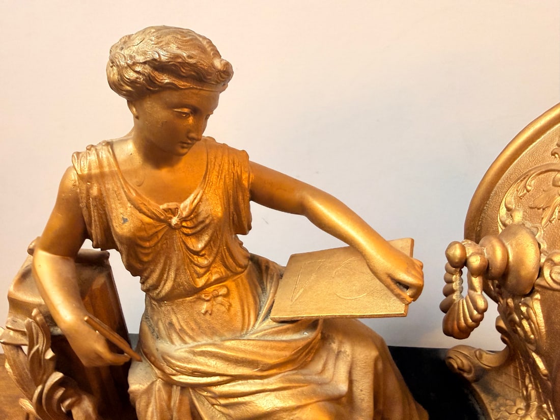Antique French Figural Mantel Clock - Classical Female Figure with Book, Black Slate Base, Gilt - 2