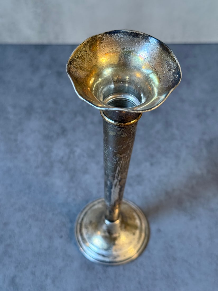 Sterling Silver Trumpet Vase - Tall Slim Form, Weighted Base: A graceful sterling silver trumpet vase featuring an elegant elongated form. The vase displays a flared trumpet-shaped mouth with ruffled rim, tapering down through a long slender stem to a weighted