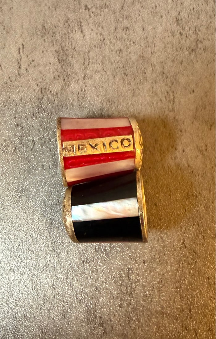 Pair of Vintage Mexico Sterling Silver Enamel Thimbles - Red and Black Striped Design - 2