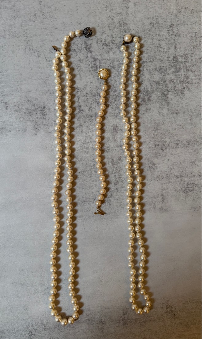 Lot of 3 Vintage Pearl Necklaces - Two 30-inch Strands, One 8-inch Strand (1 of 2)
