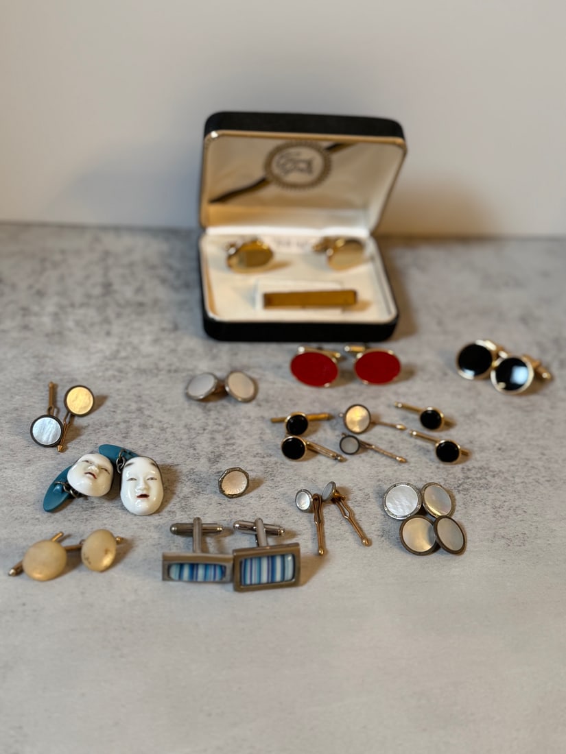 Large Lot of Vintage Men's Cufflinks and Tie Clip - Mixed Styles, Includes Sterling Silver Grand (1 of 2)
